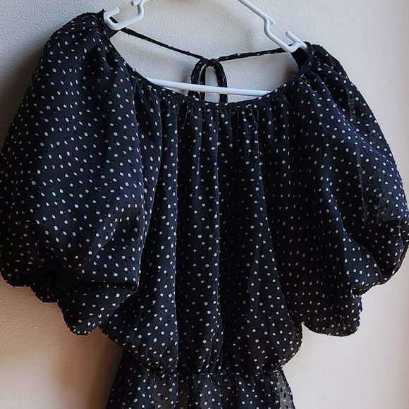 Nasty Gal Black/White Polka Dot Balloon Sleeve Open Back Blouse Size 2 - Picture 3 of 16